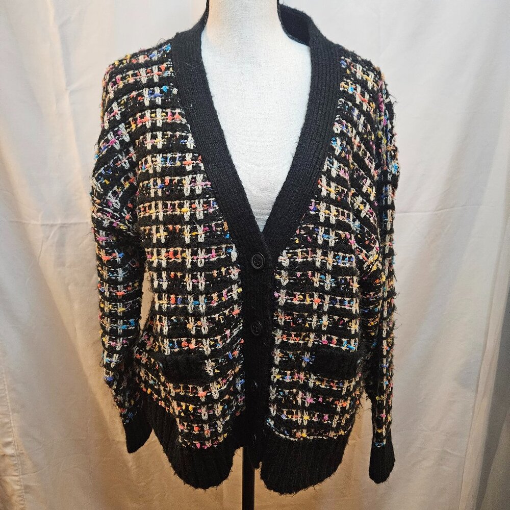 Aqua Blk Med Sz Textured Tweed-Effect Cardigan Sweater w Multi-Color Accents